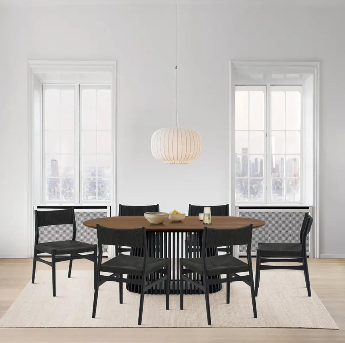 Pasadena Erie 7 Piece Oval Dining Set in Walnut and Black Finish with Paper Cord Chairs