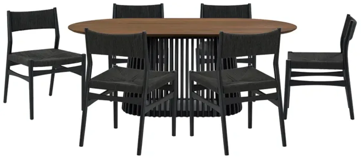 Pasadena Erie 7 Piece Oval Dining Set in Walnut and Black Finish with Paper Cord Chairs