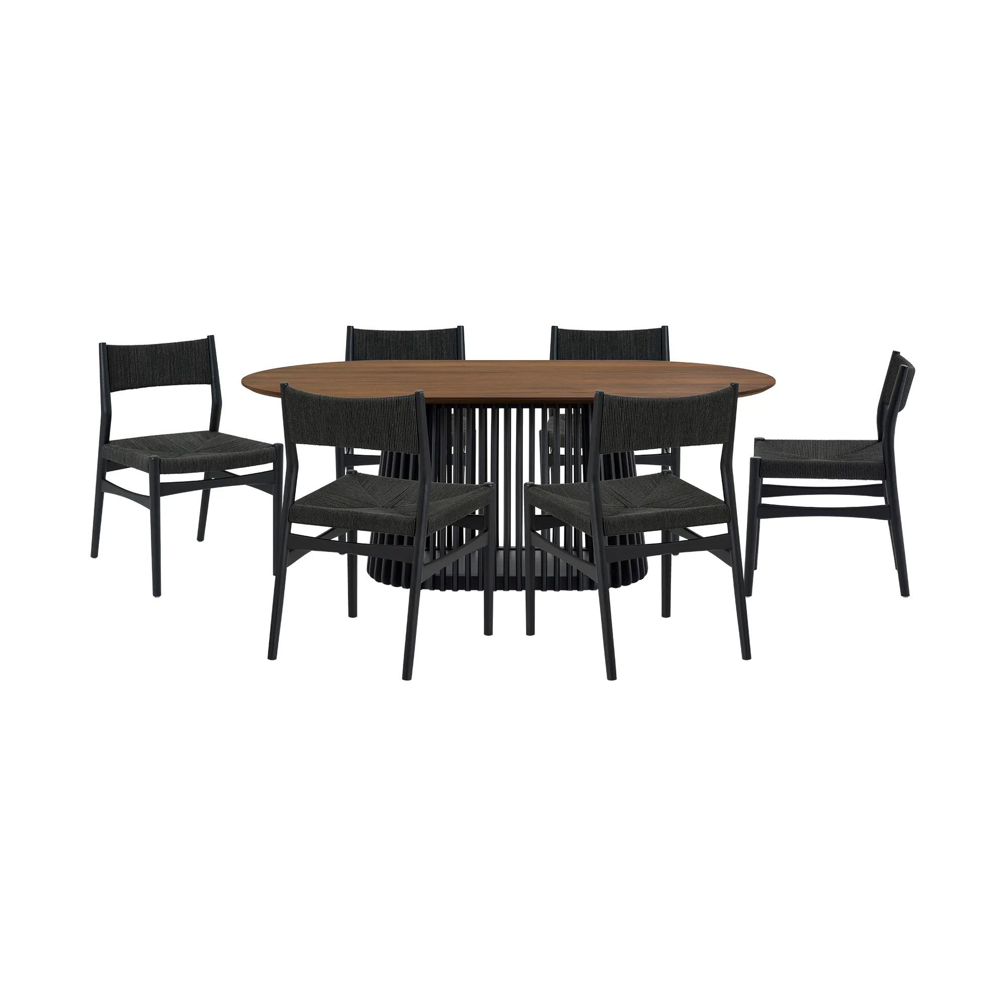 Pasadena Erie 7 Piece Oval Dining Set in Walnut and Black Finish with Paper Cord Chairs