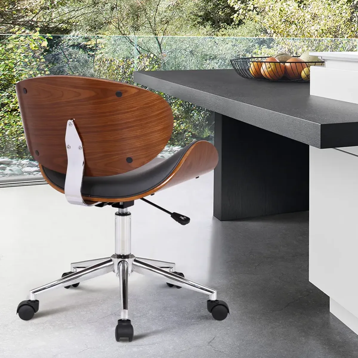 Daphne Modern Office Chair In Chrome Finish with Gray Faux Leather And Walnut Veneer Back