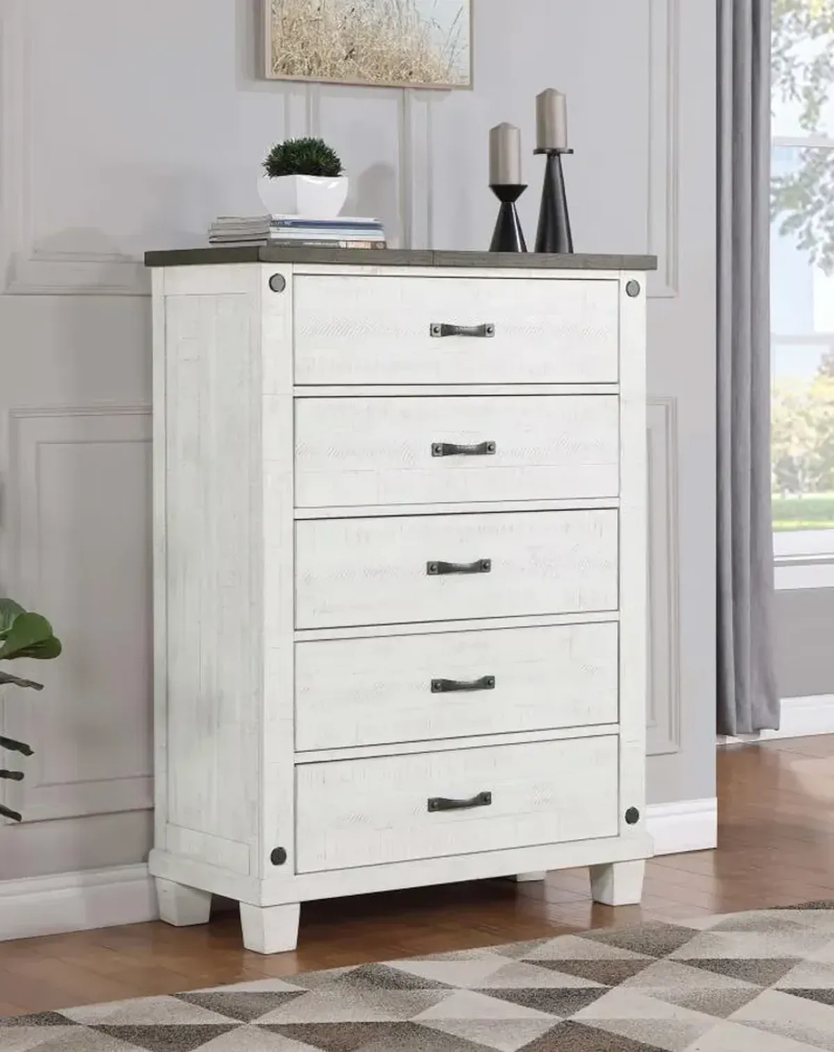 Lilith 5-drawer Chest Distressed Grey and White