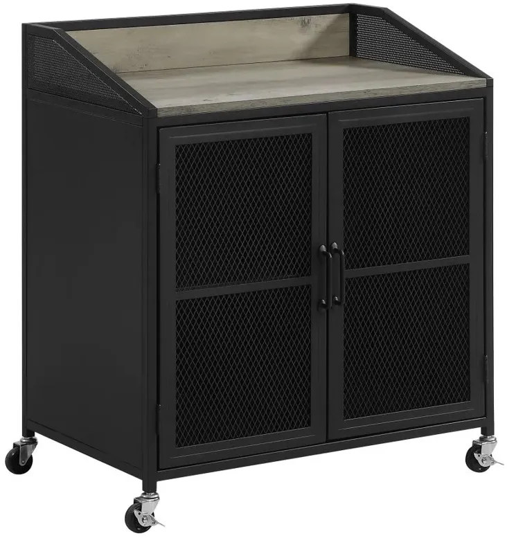 Arlette Wine Cabinet with Wire Mesh Doors Grey Wash and Sandy Black