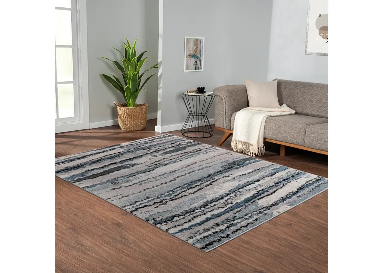 Madison Park Riley Blue Watercolor Abstract Stripe Woven Area Rug