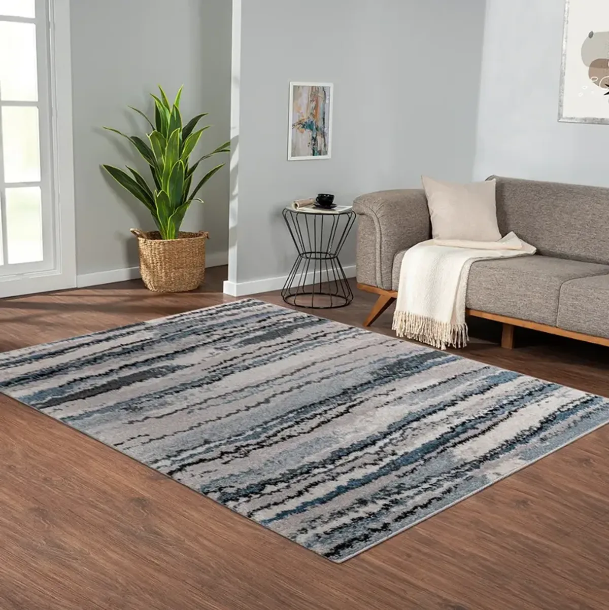 Madison Park Riley Blue Watercolor Abstract Stripe Woven Area Rug