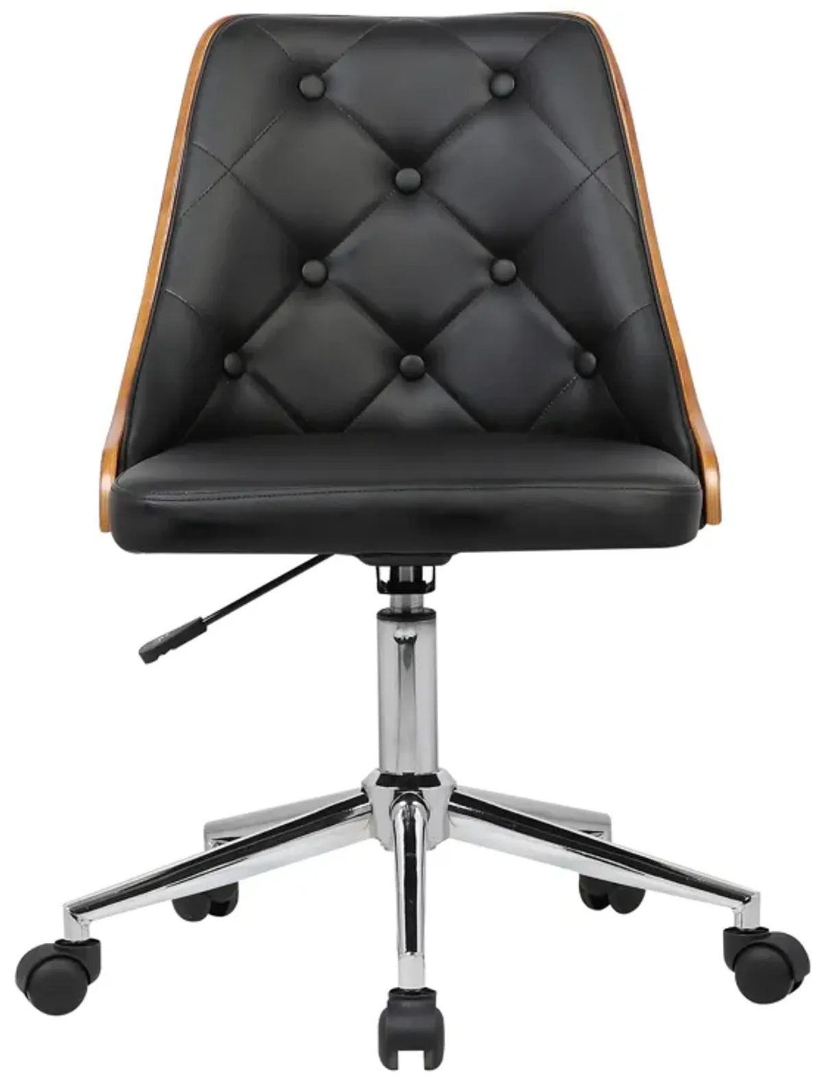 Diamond Mid-Century Office Chair in Chrome finish with Tufted Black Faux Leather and Walnut Veneer Back