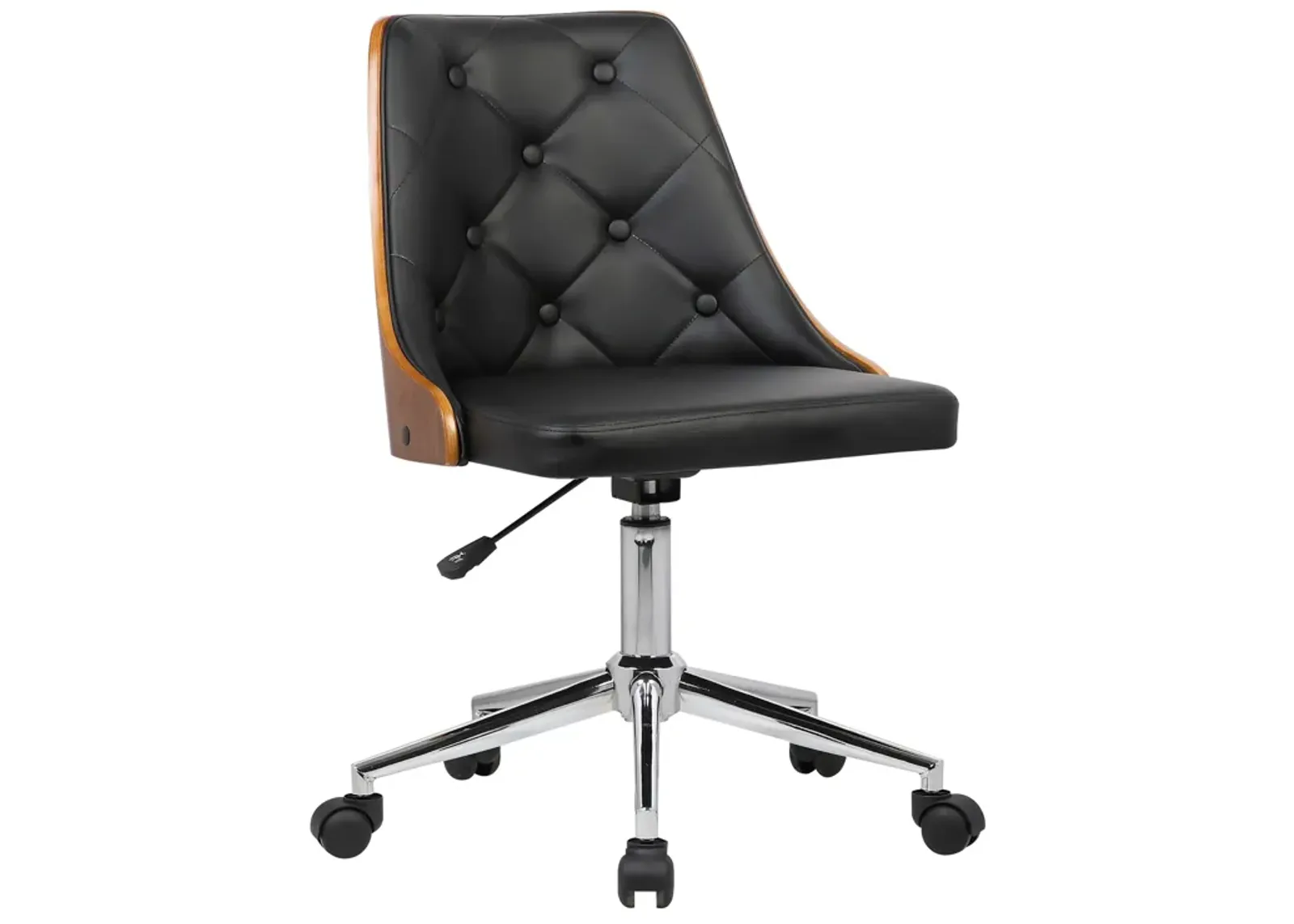 Diamond Mid-Century Office Chair in Chrome finish with Tufted Black Faux Leather and Walnut Veneer Back