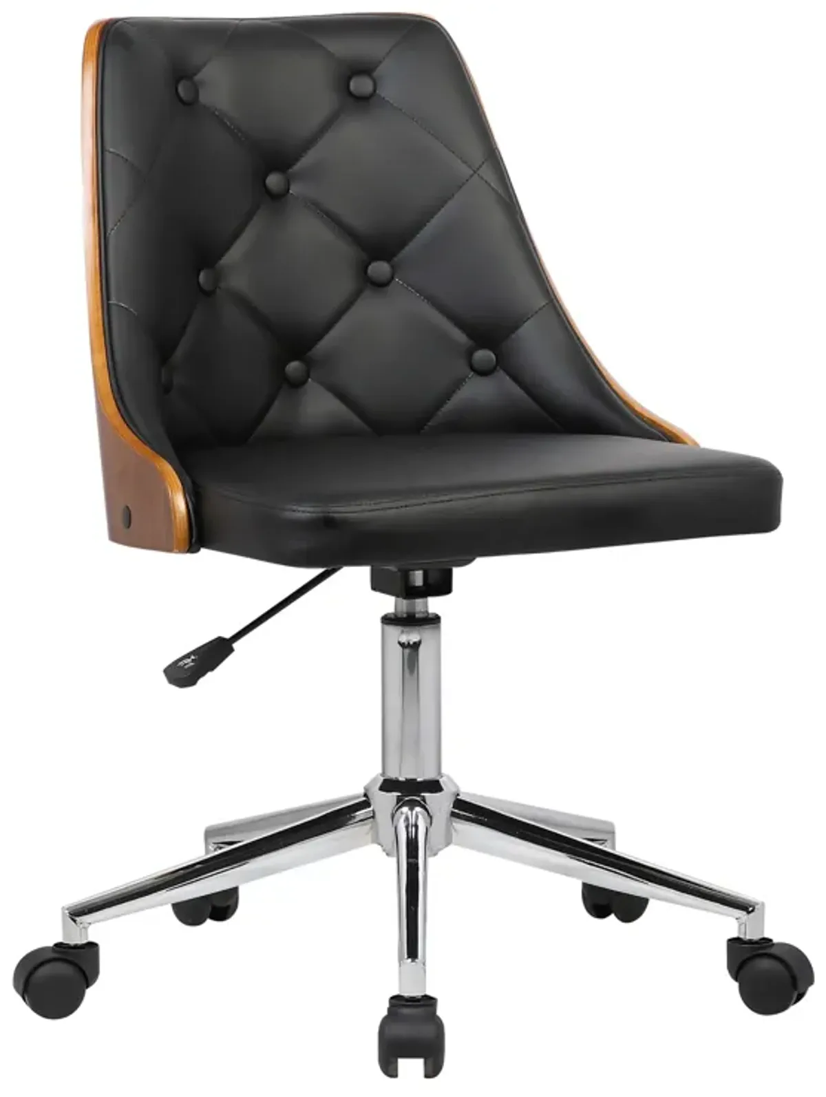 Diamond Mid-Century Office Chair in Chrome finish with Tufted Black Faux Leather and Walnut Veneer Back