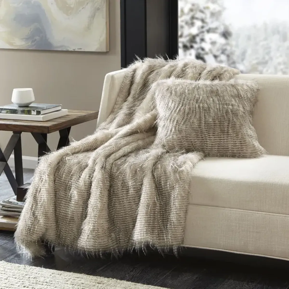 Madison Park Edina Natural Faux Fur Throw