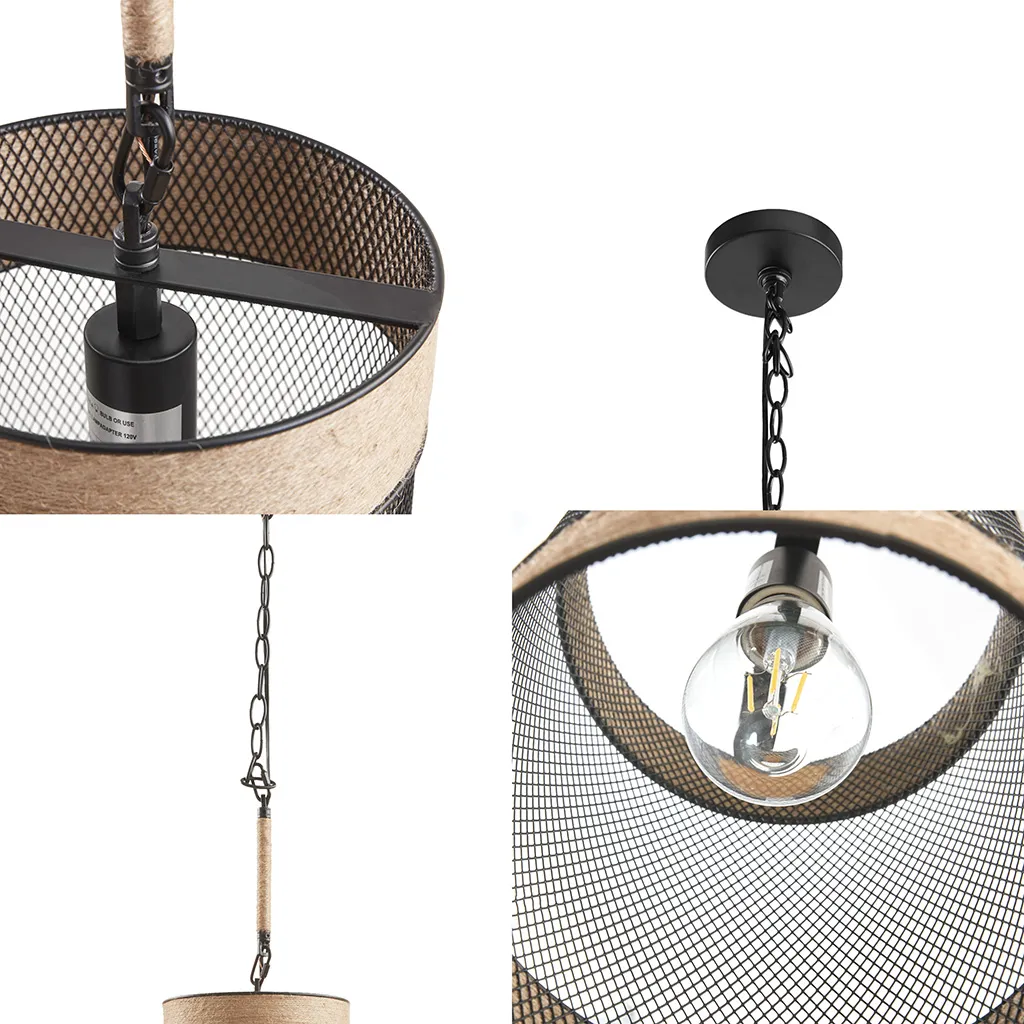 INK+IVY Orion Natural/Black Natural Rope and Metal Mesh Cylinder Pendant