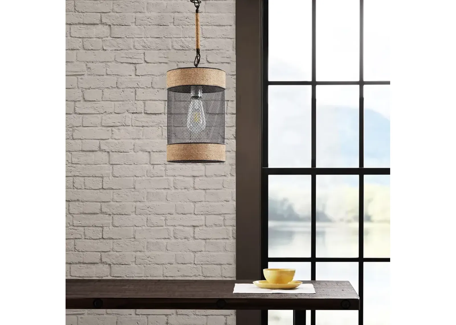 INK+IVY Orion Natural/Black Natural Rope and Metal Mesh Cylinder Pendant