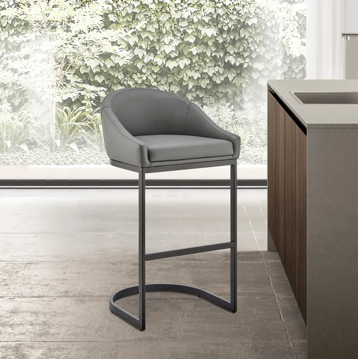 Atherik Bar Stool in Black Metal with Gray Faux Leather