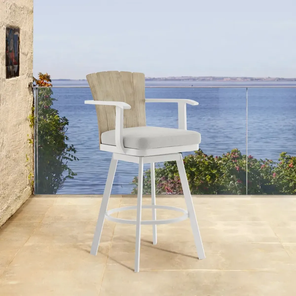 Hazel Outdoor Patio Swivel Bar Stool in Aluminum with Teak Wood and Argent Gray Cushion