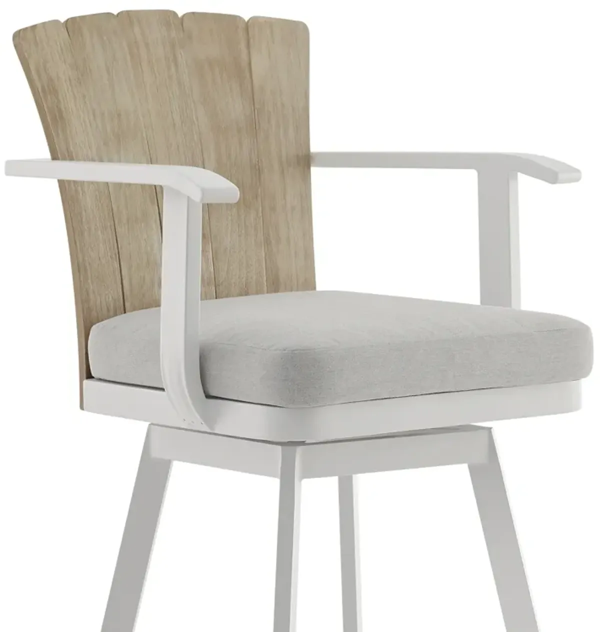 Hazel Outdoor Patio Swivel Bar Stool in Aluminum with Teak Wood and Argent Gray Cushion