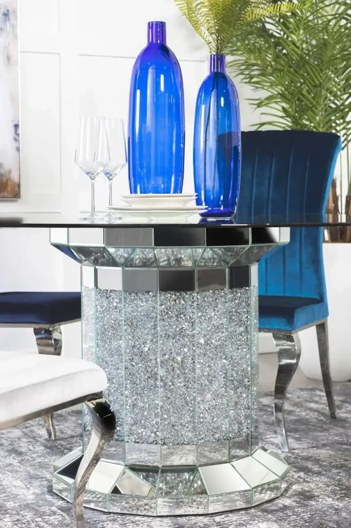 Ellie Cylinder Pedestal Glass Top Dining Table Mirror