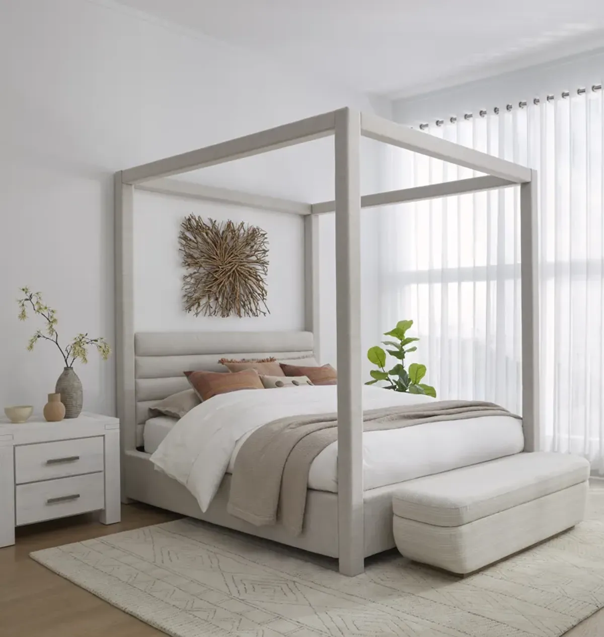 Rockford King-Size Upholstered Canopy Bed In Turtle Dove Linen