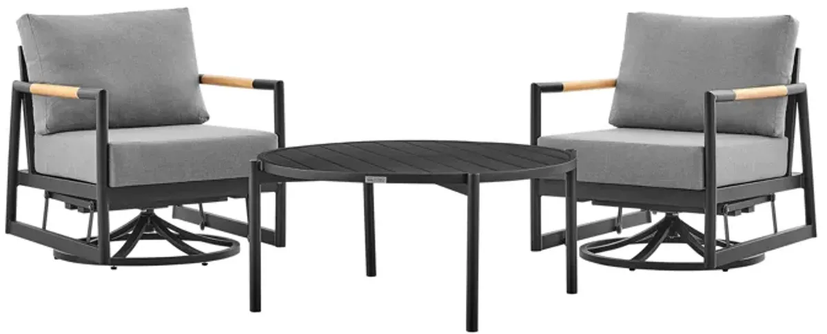 Royal and Tiffany 3 Piece Outdoor Patio Swivel Seating Set in Black Aluminum with Teak Wood and Gray Cushions