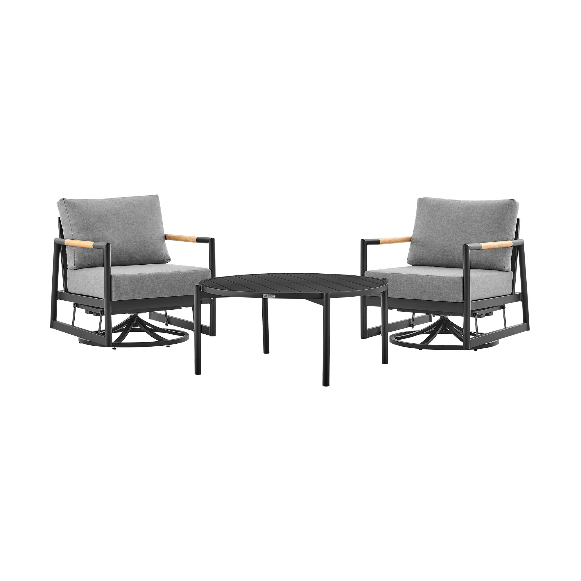 Royal and Tiffany 3 Piece Outdoor Patio Swivel Seating Set in Black Aluminum with Teak Wood and Gray Cushions