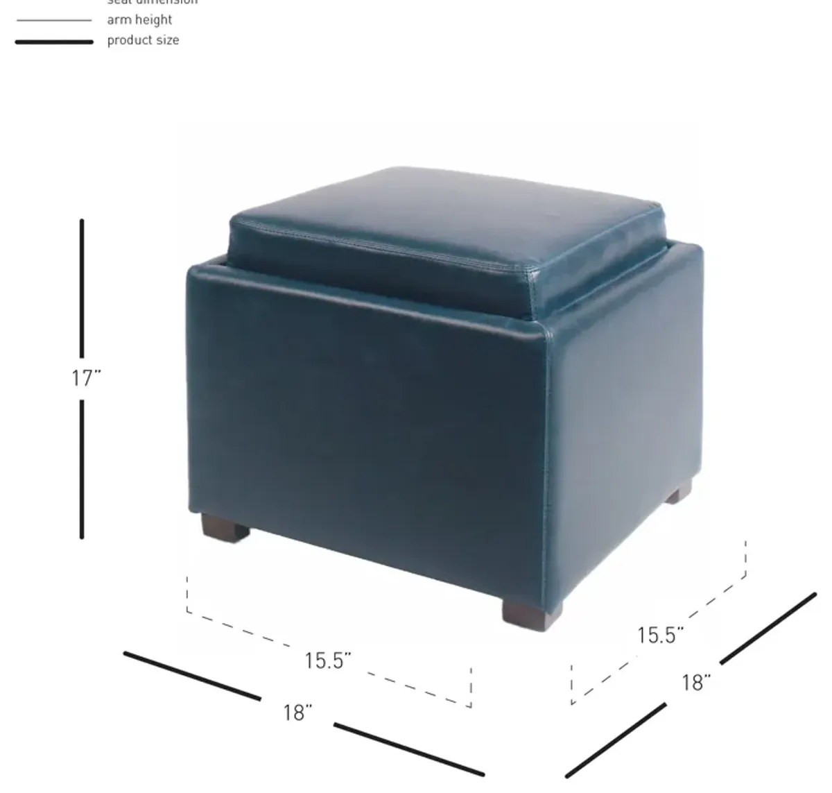 cameron square bonded leather storage ottoman w/ tray, vintage blue