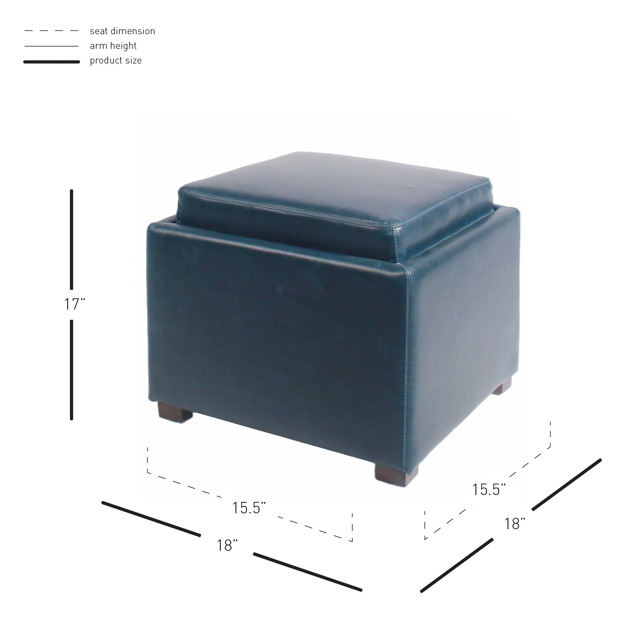 cameron square bonded leather storage ottoman w/ tray, vintage blue