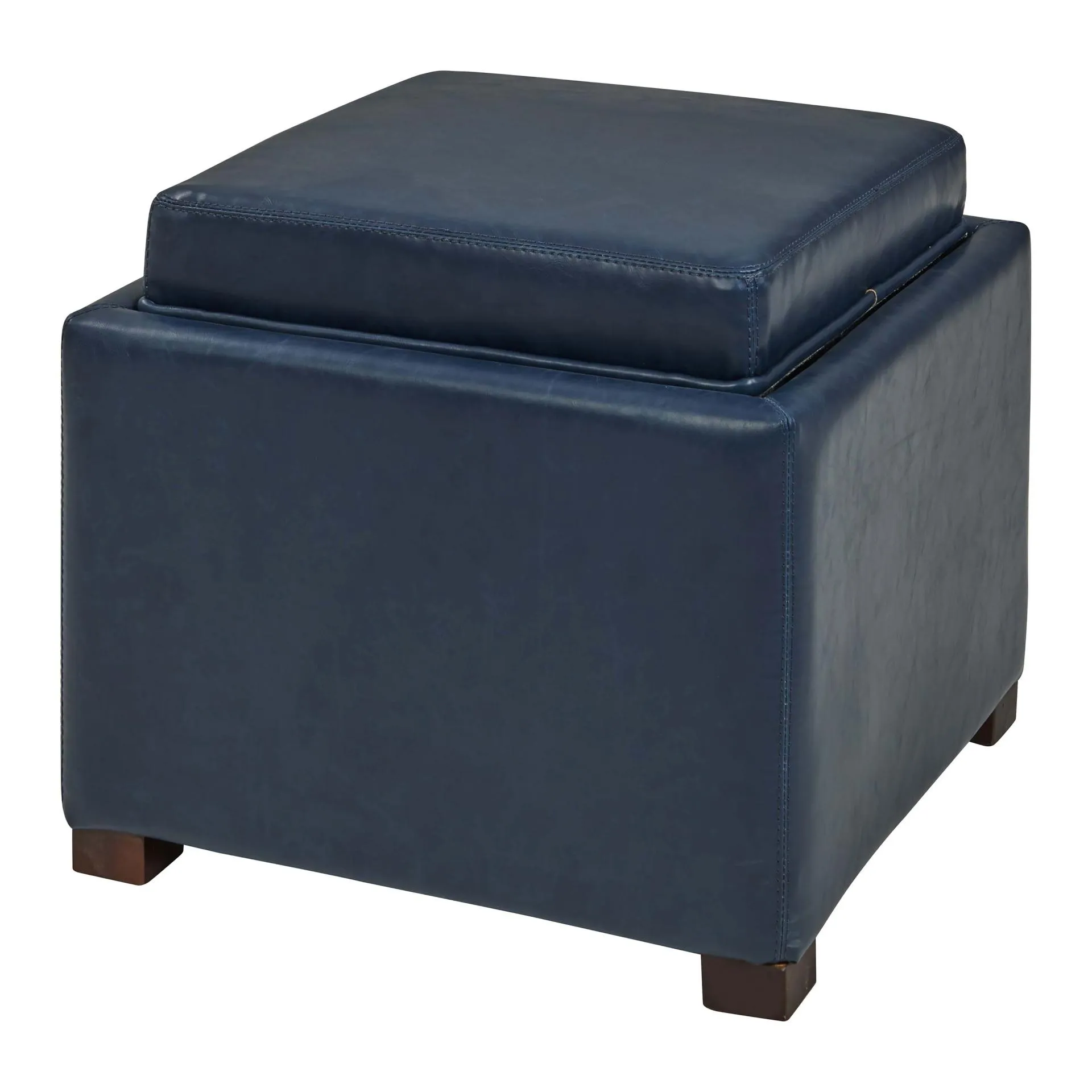 cameron square bonded leather storage ottoman w/ tray, vintage blue