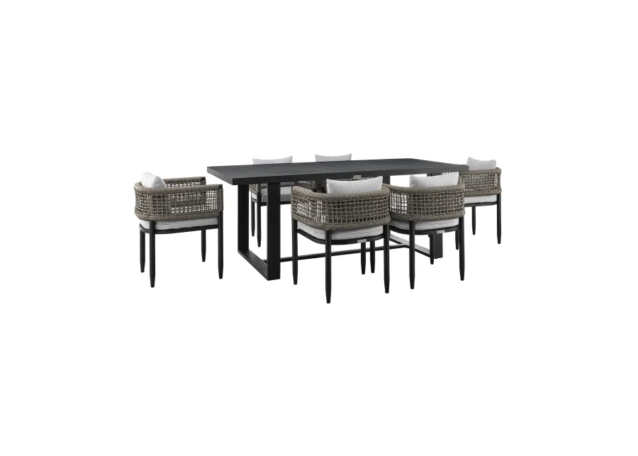 Felicia Outdoor Patio 7-Piece Dining Table Set in Aluminum with Gray Rope and Cushions