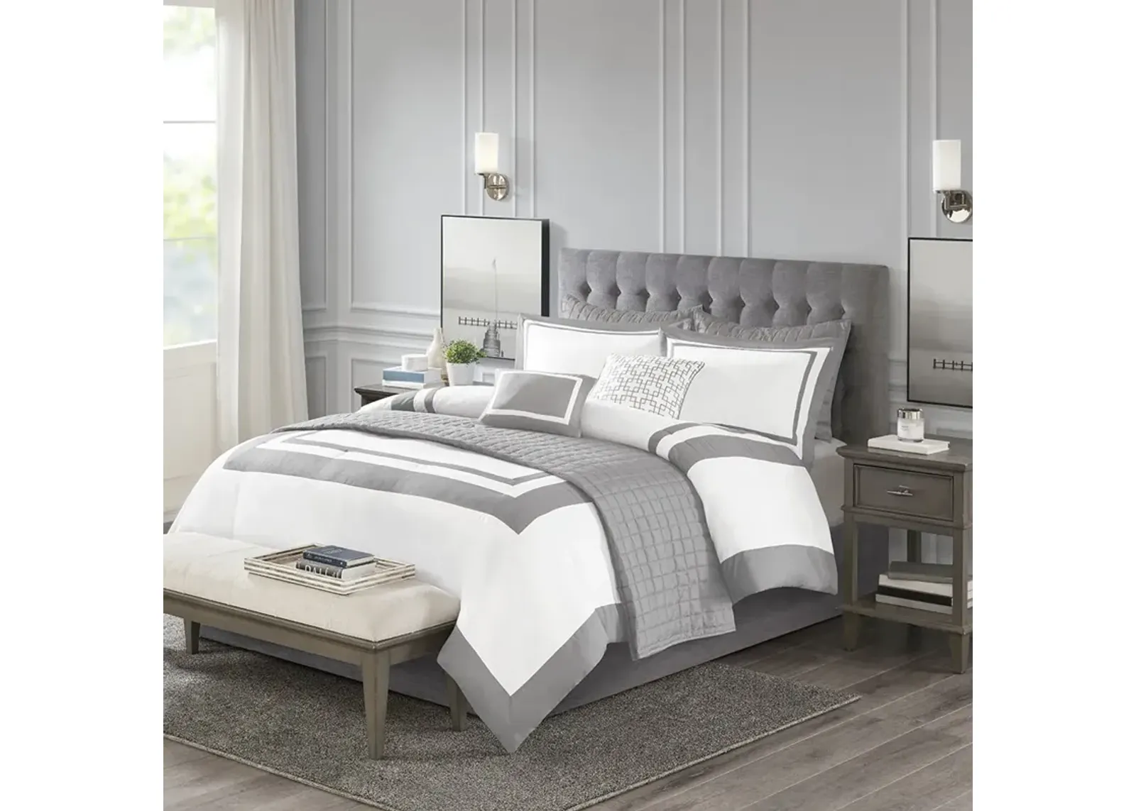 Madison Park Heritage Grey 8 Piece Comforter and Quilt Set Collection