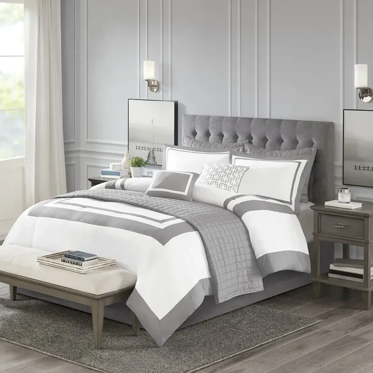 Madison Park Heritage Grey 8 Piece Comforter and Quilt Set Collection