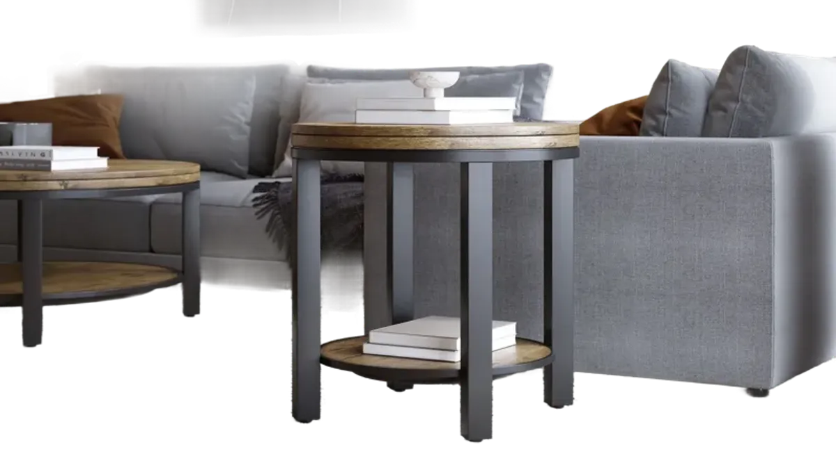 Canyon Solid Wood and Metal Round End Table in Washed Grey