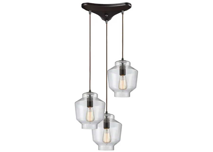 Barrel 3-Light Triangular Pendant Fixture in Oil Rubbed Bronze with Clear Blown Glass