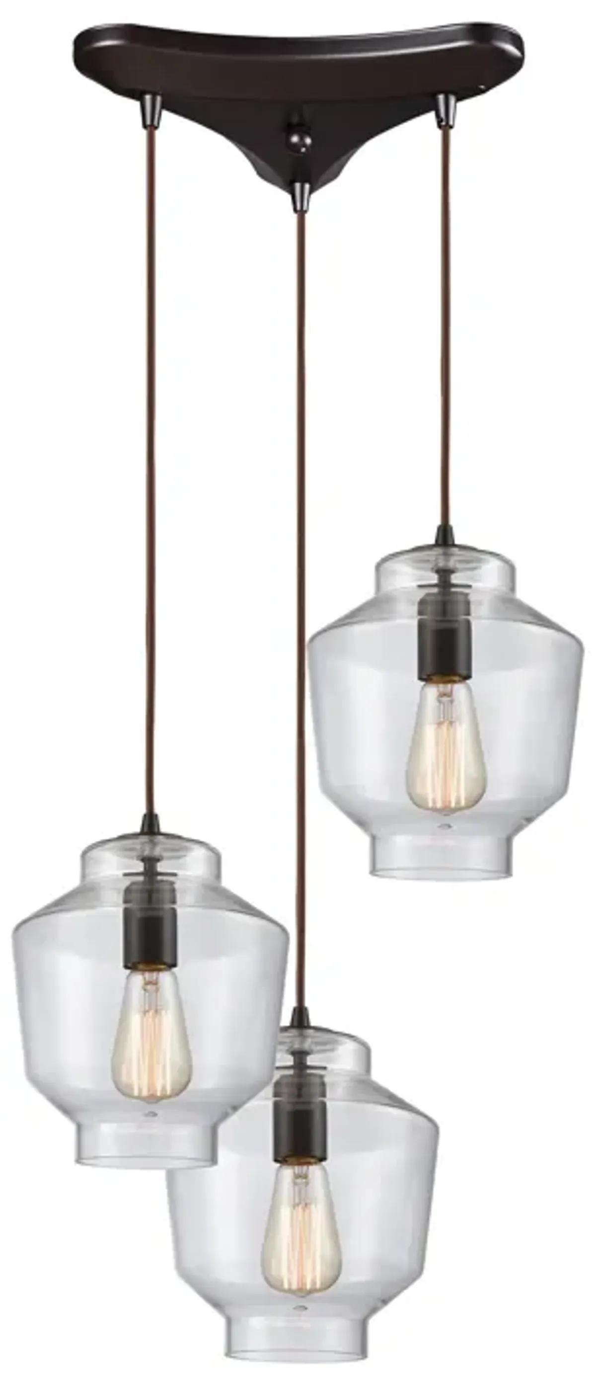 Barrel 3-Light Triangular Pendant Fixture in Oil Rubbed Bronze with Clear Blown Glass