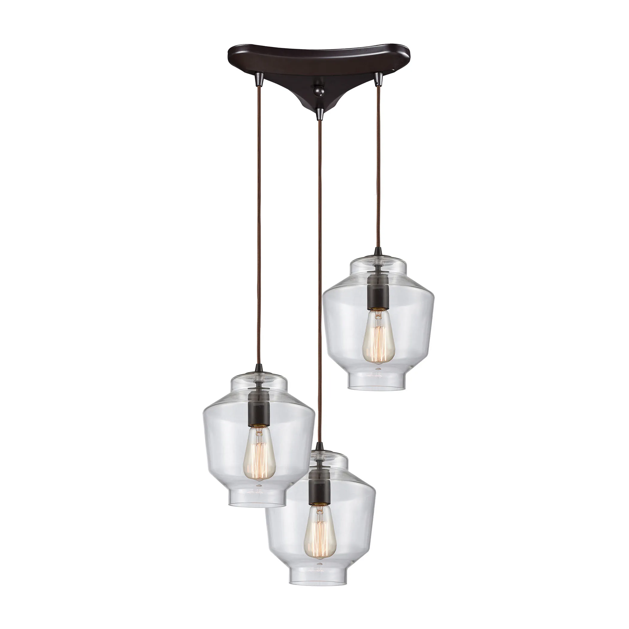 Barrel 3-Light Triangular Pendant Fixture in Oil Rubbed Bronze with Clear Blown Glass