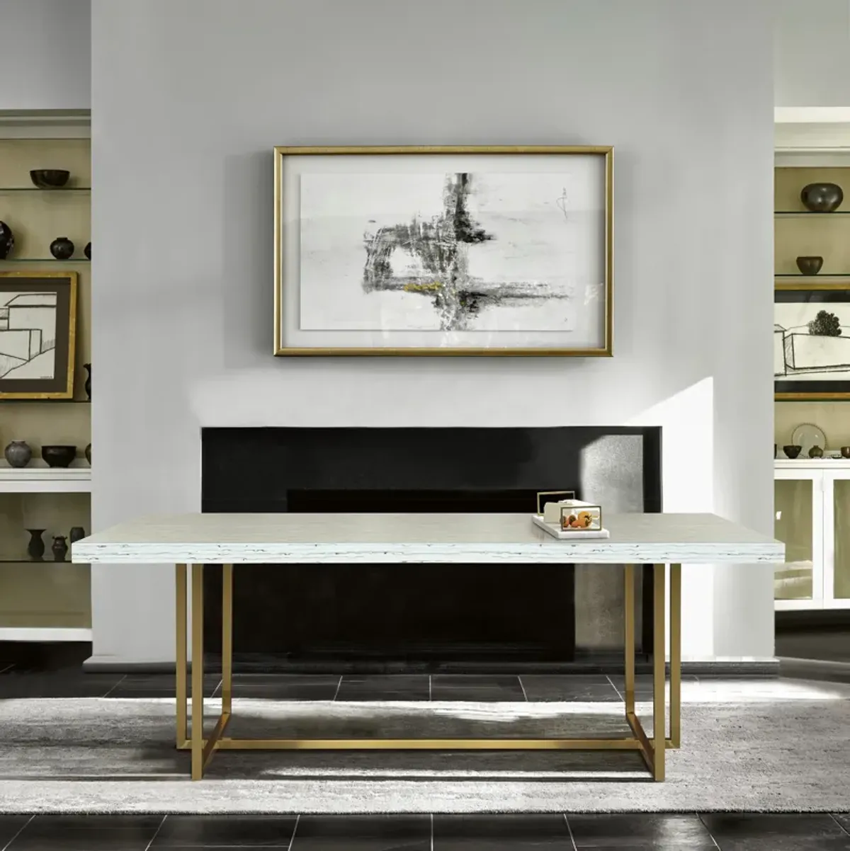 Harmony Contemporary Dining Table in Brushed Gold Finish and Ash Veneer Top