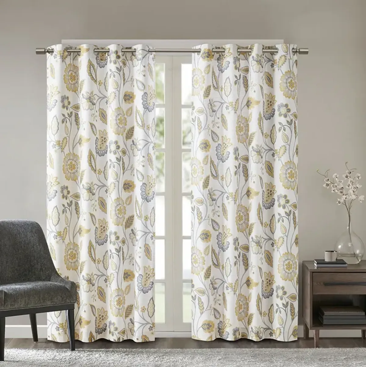 SunSmart Camille Yellow Jacquard Printed Room Darkening Curtain Panel