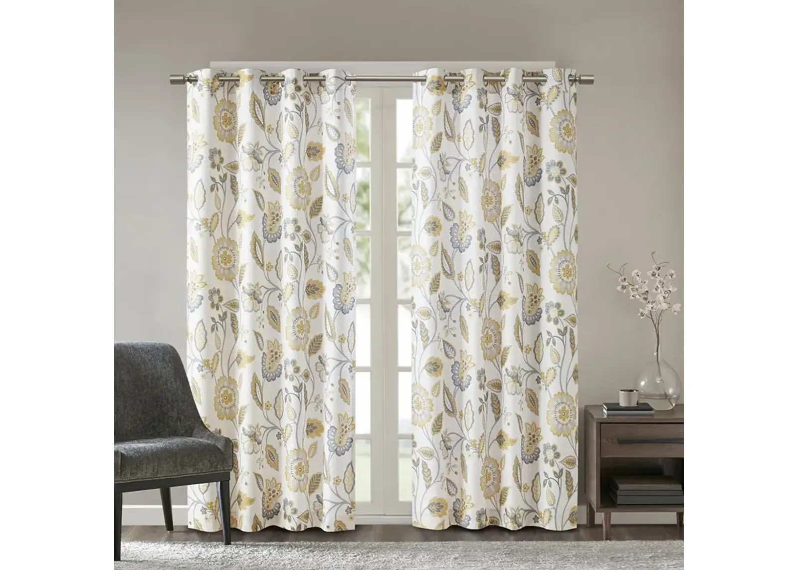 SunSmart Camille Yellow Jacquard Printed Room Darkening Curtain Panel