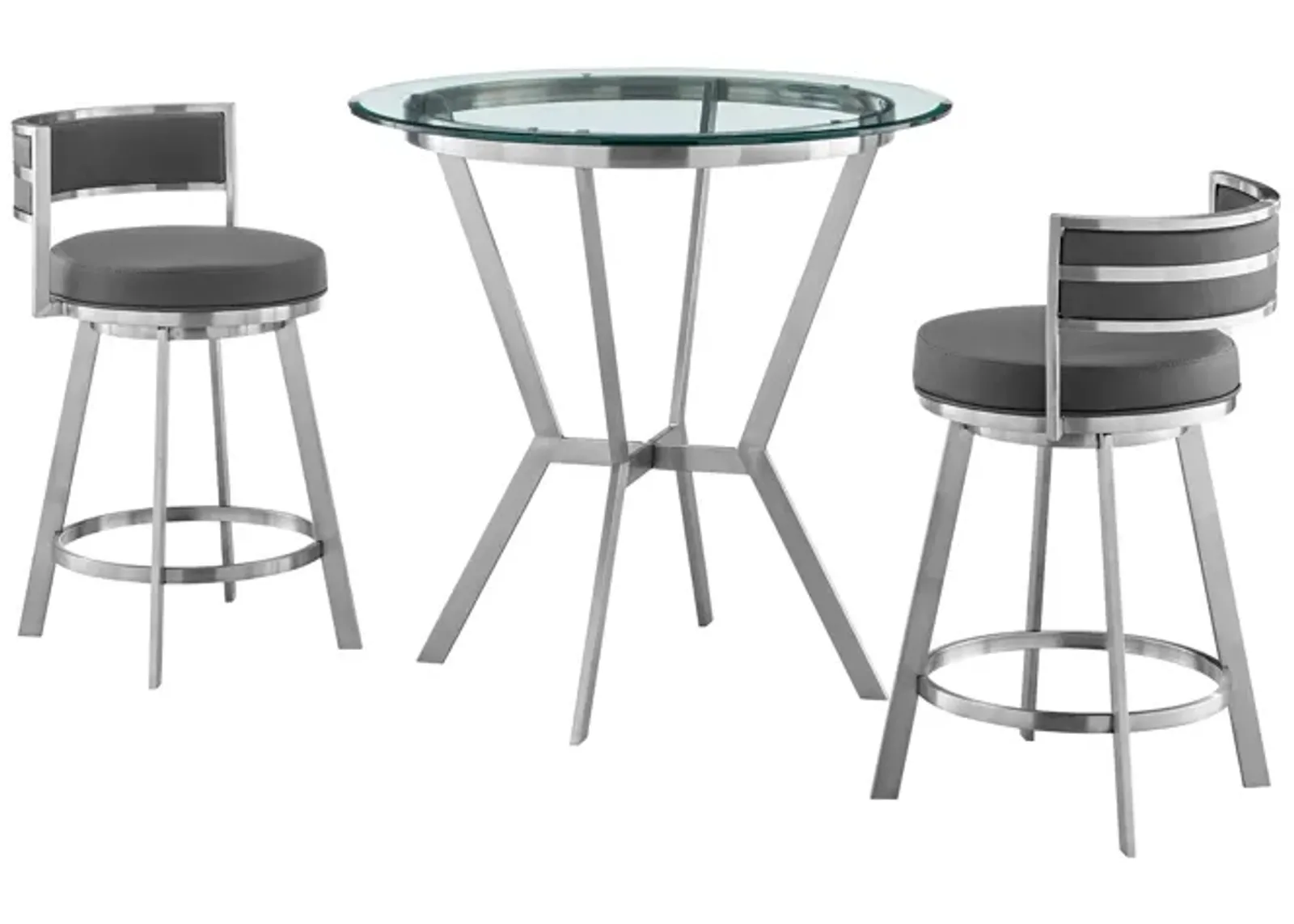 Naomi and Roman 3-Piece Counter Height Dining Set in Brushed Stainless Steel and Grey Faux Leather