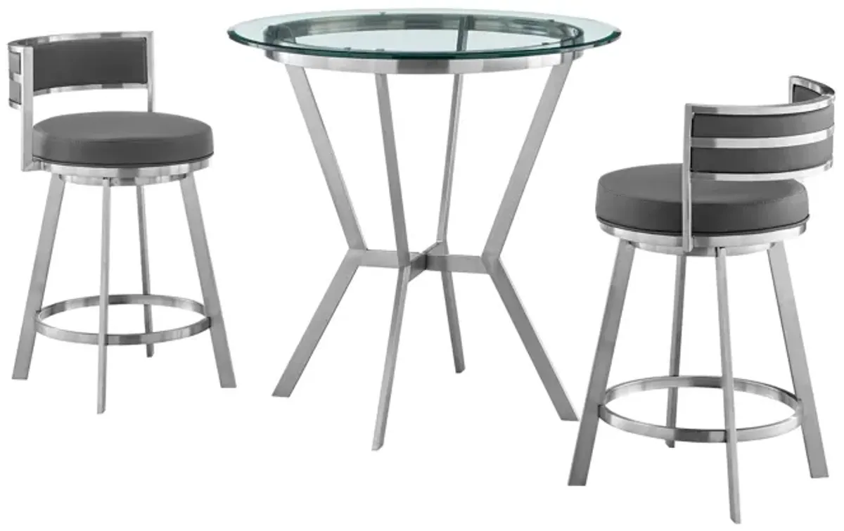 Naomi and Roman 3-Piece Counter Height Dining Set in Brushed Stainless Steel and Grey Faux Leather