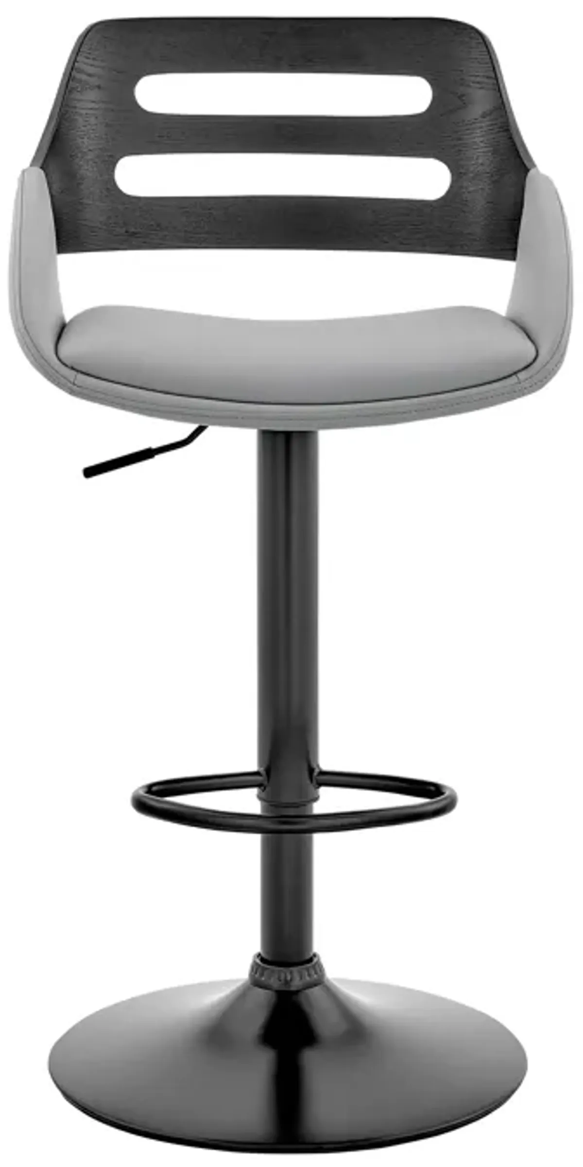 Karter Adjustable Gray Faux Leather and Black Wood Bar Stool with Black Base