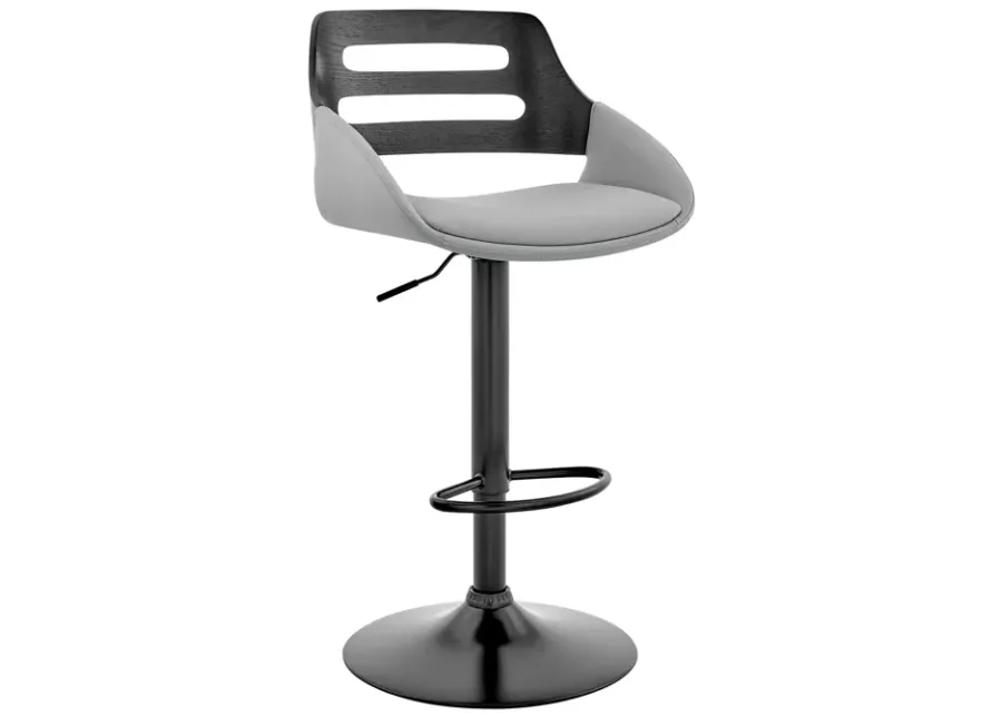 Karter Adjustable Gray Faux Leather and Black Wood Bar Stool with Black Base