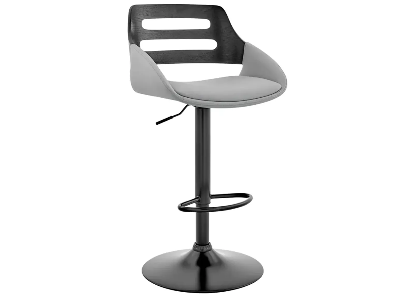 Karter Adjustable Gray Faux Leather and Black Wood Bar Stool with Black Base