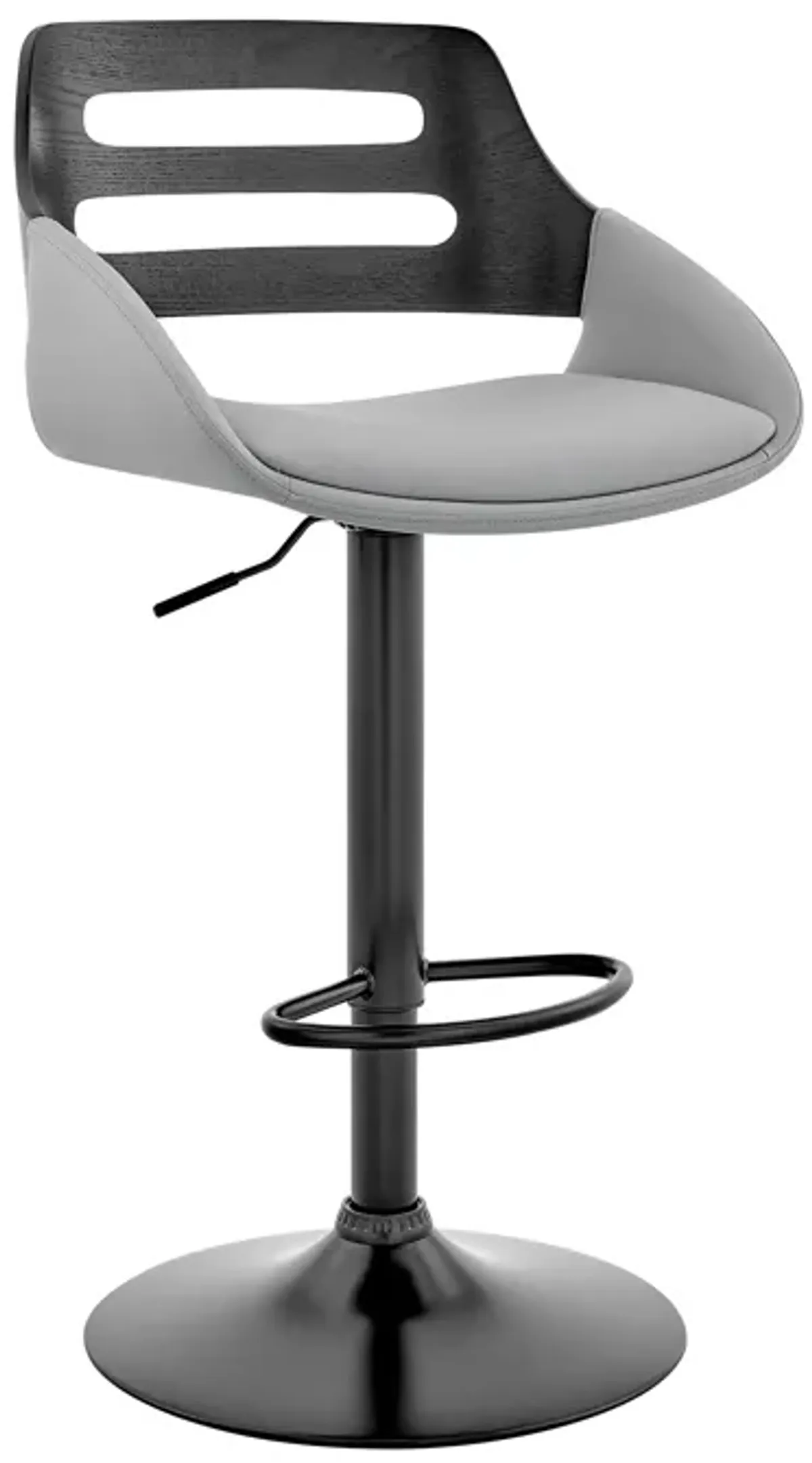 Karter Adjustable Gray Faux Leather and Black Wood Bar Stool with Black Base