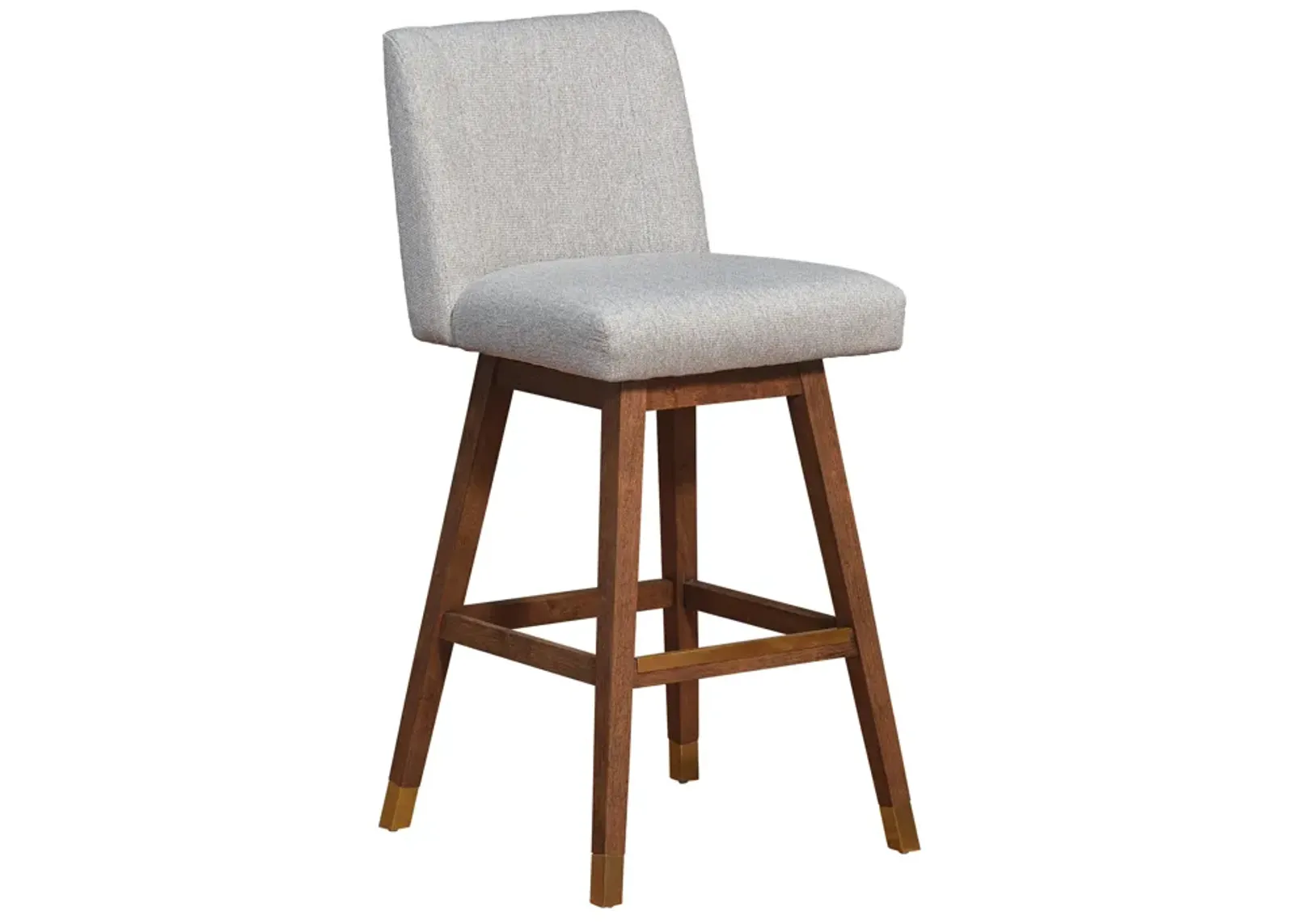 Basila Swivel Bar Stool in Brown Oak Wood Finish with Taupe Fabric