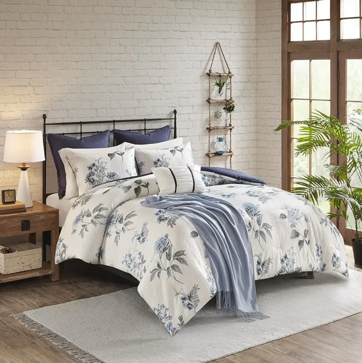 Madison Park Zennia Blue 7 Piece Printed Seersucker Comforter Set with Throw Blanket