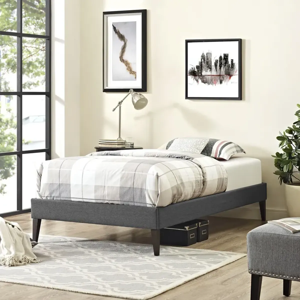 Sharon Fabric Twin Bed Frame with Squared Tapered Legs by Modway