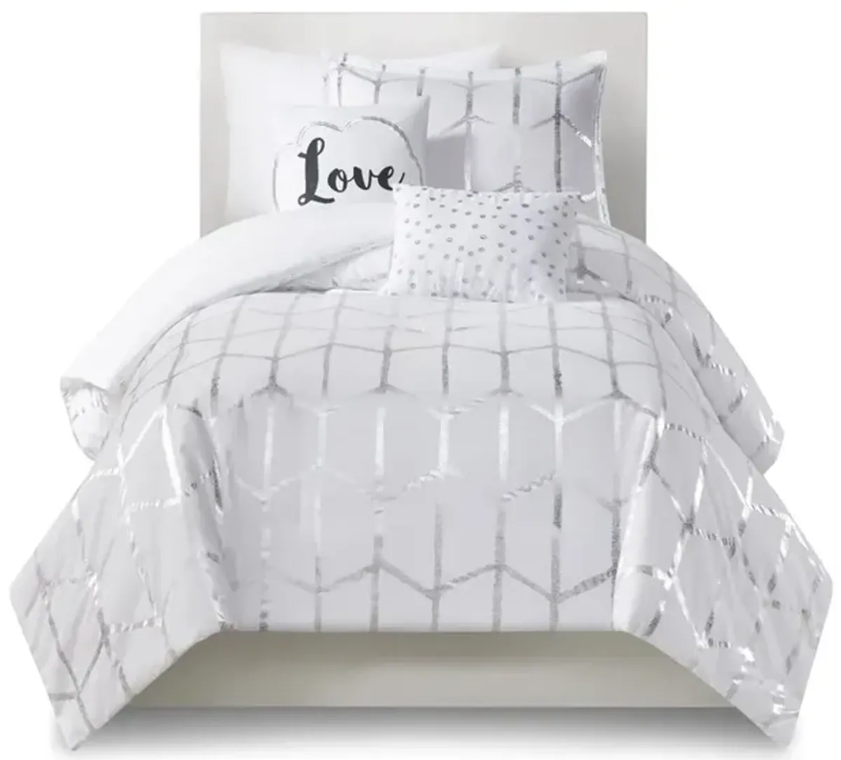 Intelligent Design Raina White/Silver Metallic Printed Comforter Set