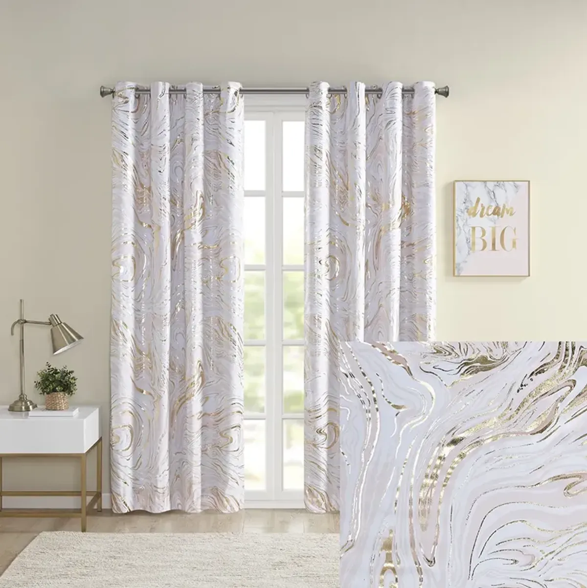 Intelligent Design Rebecca Blush/Gold Grommet Top Printed Marble Metallic Total Blackout Curtain