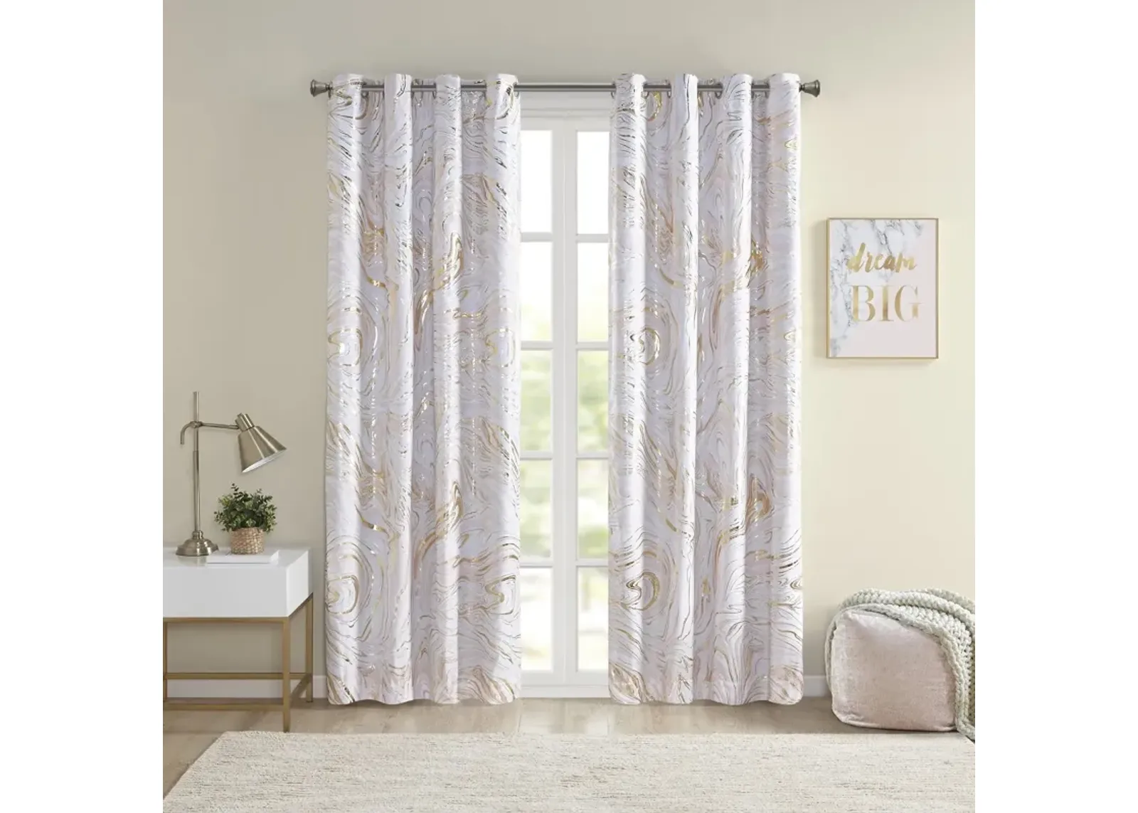 Intelligent Design Rebecca Blush/Gold Grommet Top Printed Marble Metallic Total Blackout Curtain