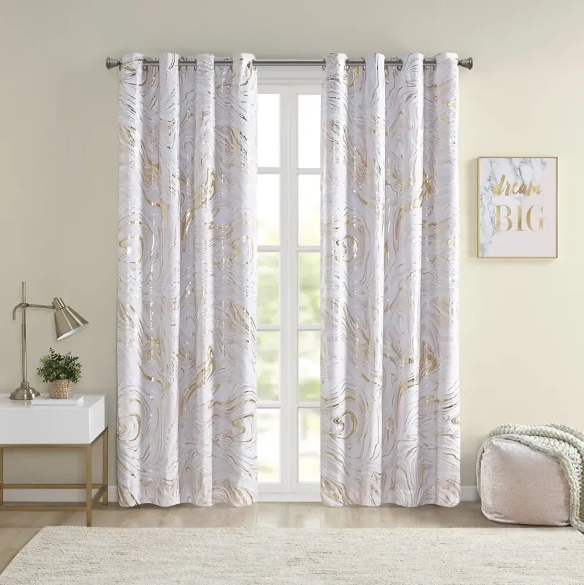 Intelligent Design Rebecca Blush/Gold Grommet Top Printed Marble Metallic Total Blackout Curtain