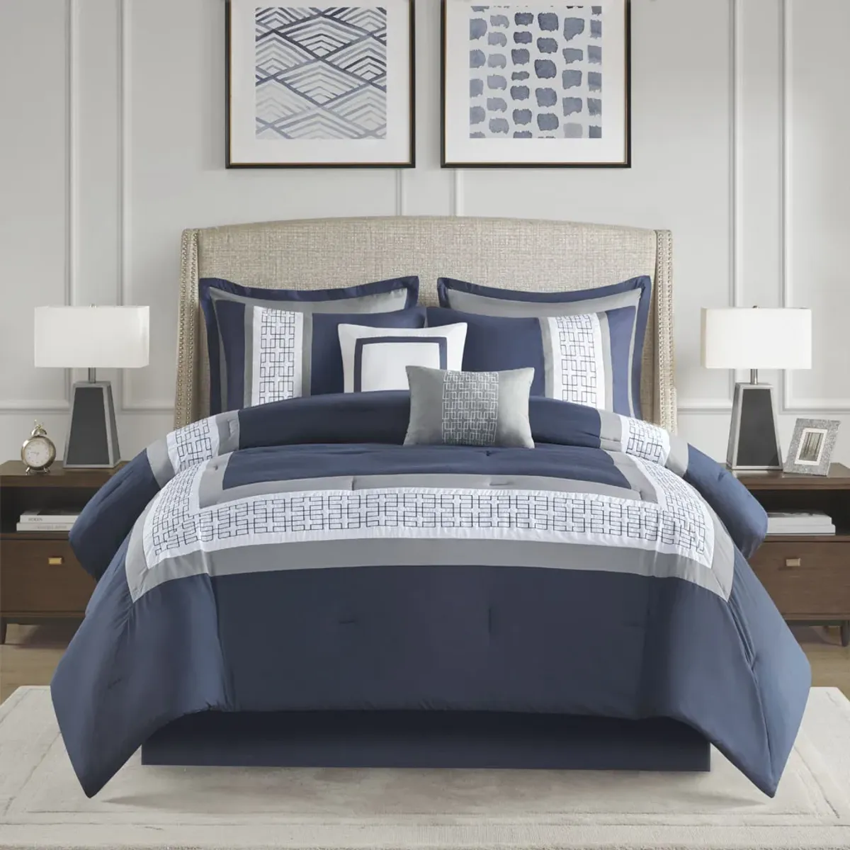 510 Design Powell Navy 8 Piece Embroidered Comforter Set