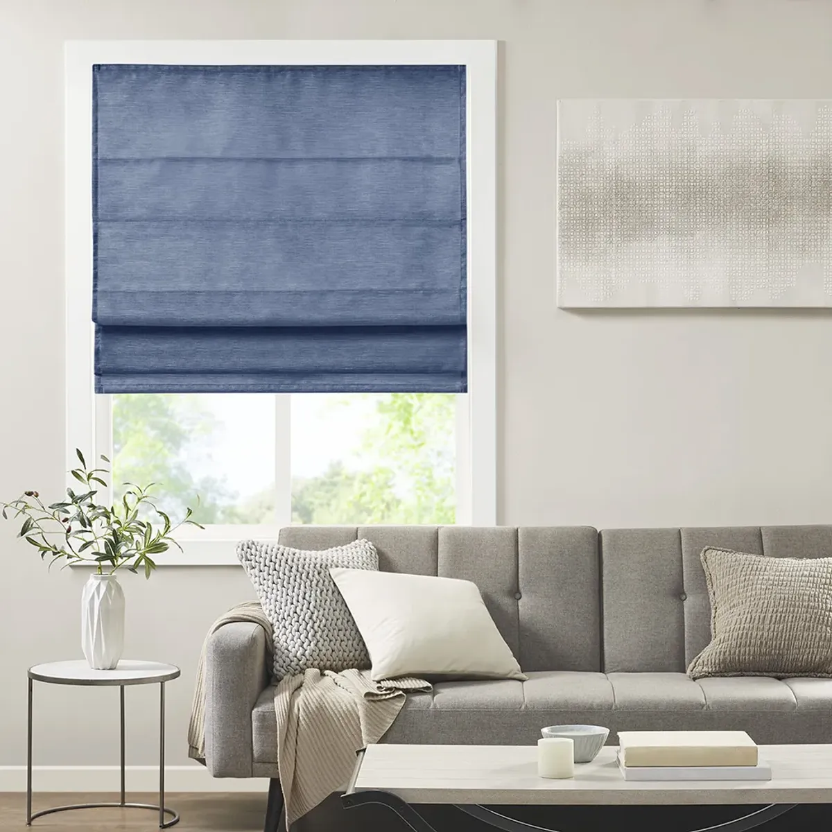 Madison Park Como Blue Printed Faux Silk Room Darkening Cordless Roman Shade