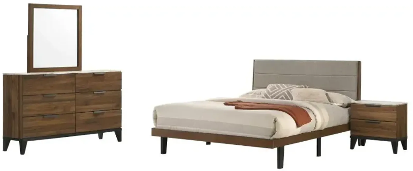 Mays 4-piece Upholstered Eastern King Bedroom Set Walnut Brown and Grey